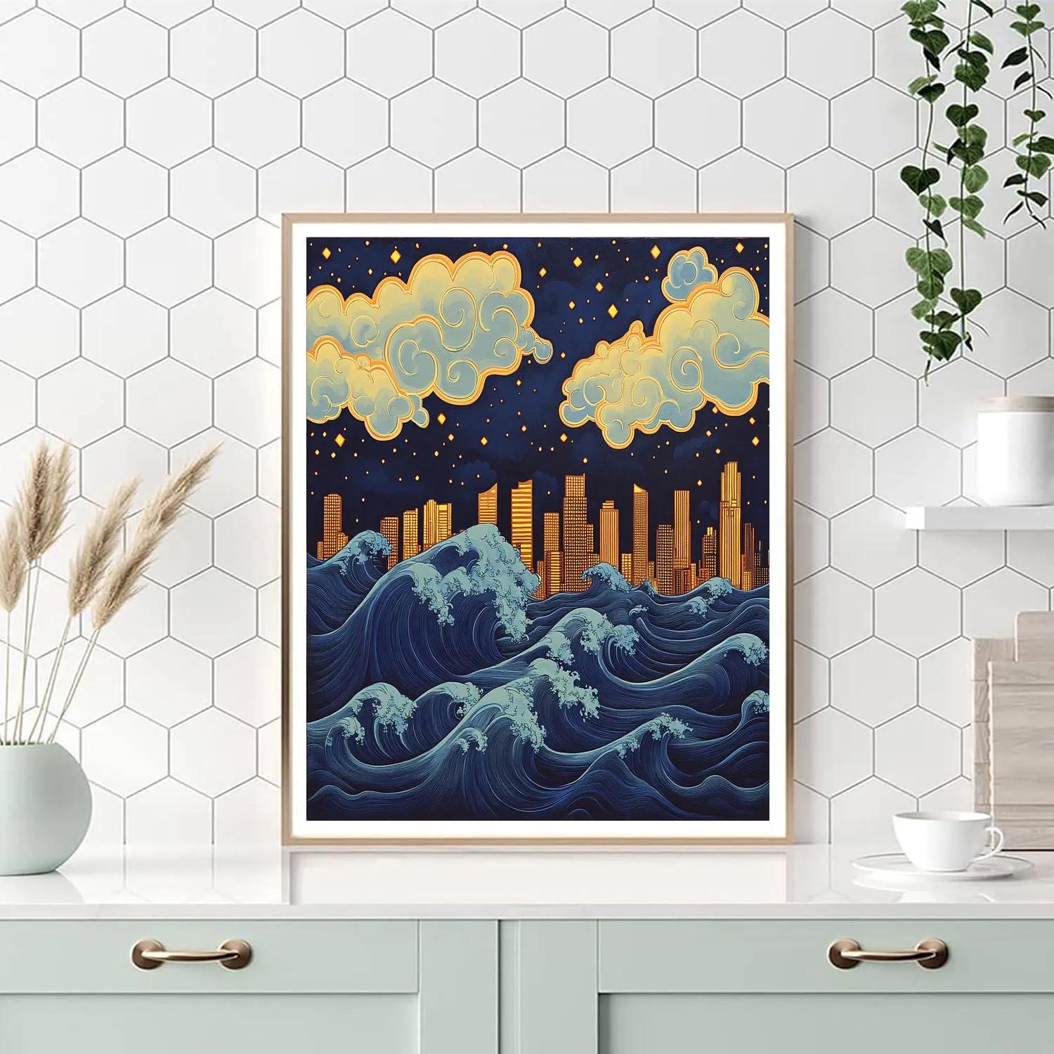 Hokusai Inspired Great Wave Citylights Paint by numbers art