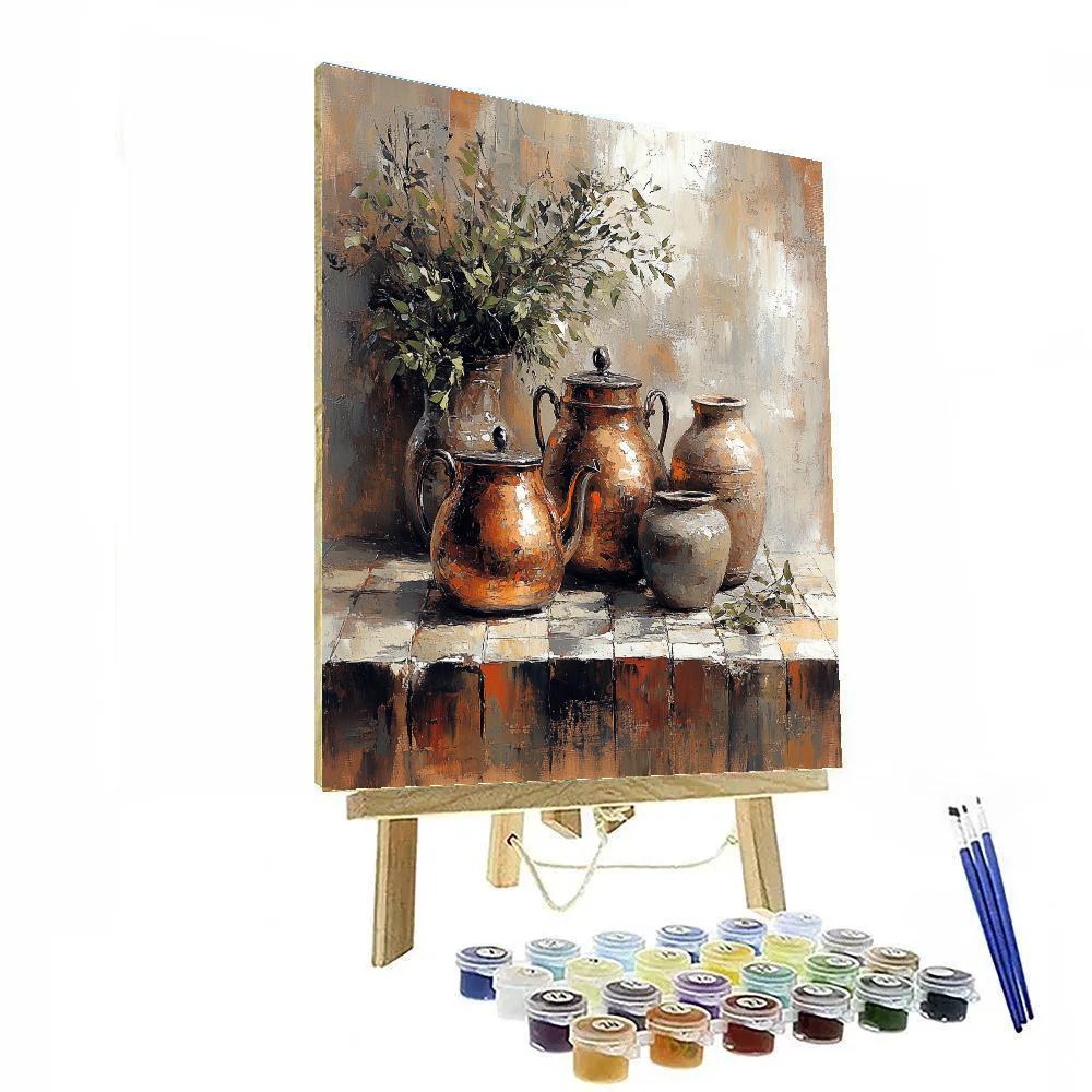 Diego Velazquez Inspired Copper Kettle And Clay Jars Arrangement paint by color