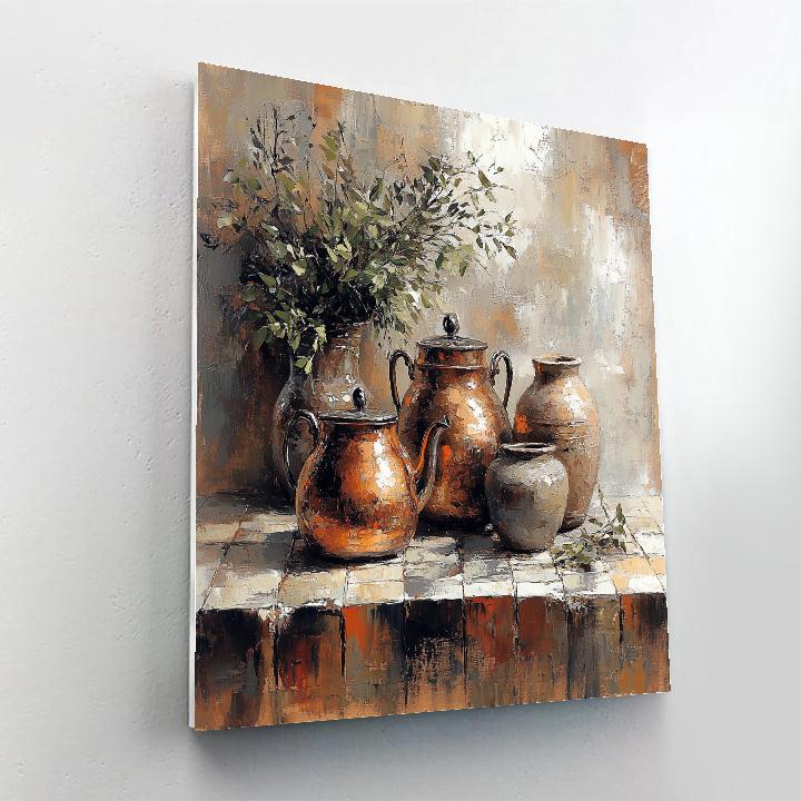 Diego Velazquez Inspired Copper Kettle And Clay Jars Arrangement paint by color
