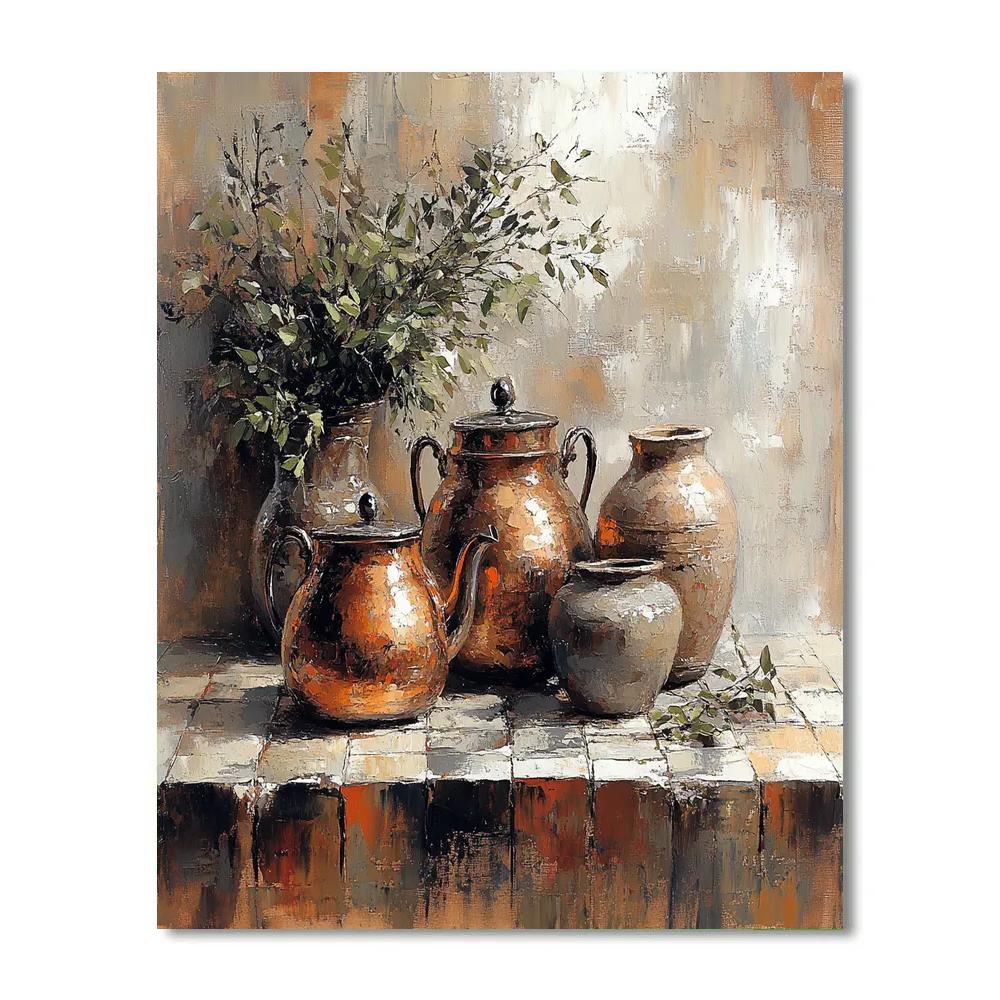 Diego Velazquez Inspired Copper Kettle And Clay Jars Arrangement paint by color
