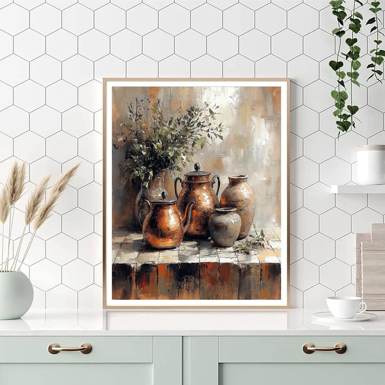 Diego Velazquez Inspired Copper Kettle And Clay Jars Arrangement paint by color
