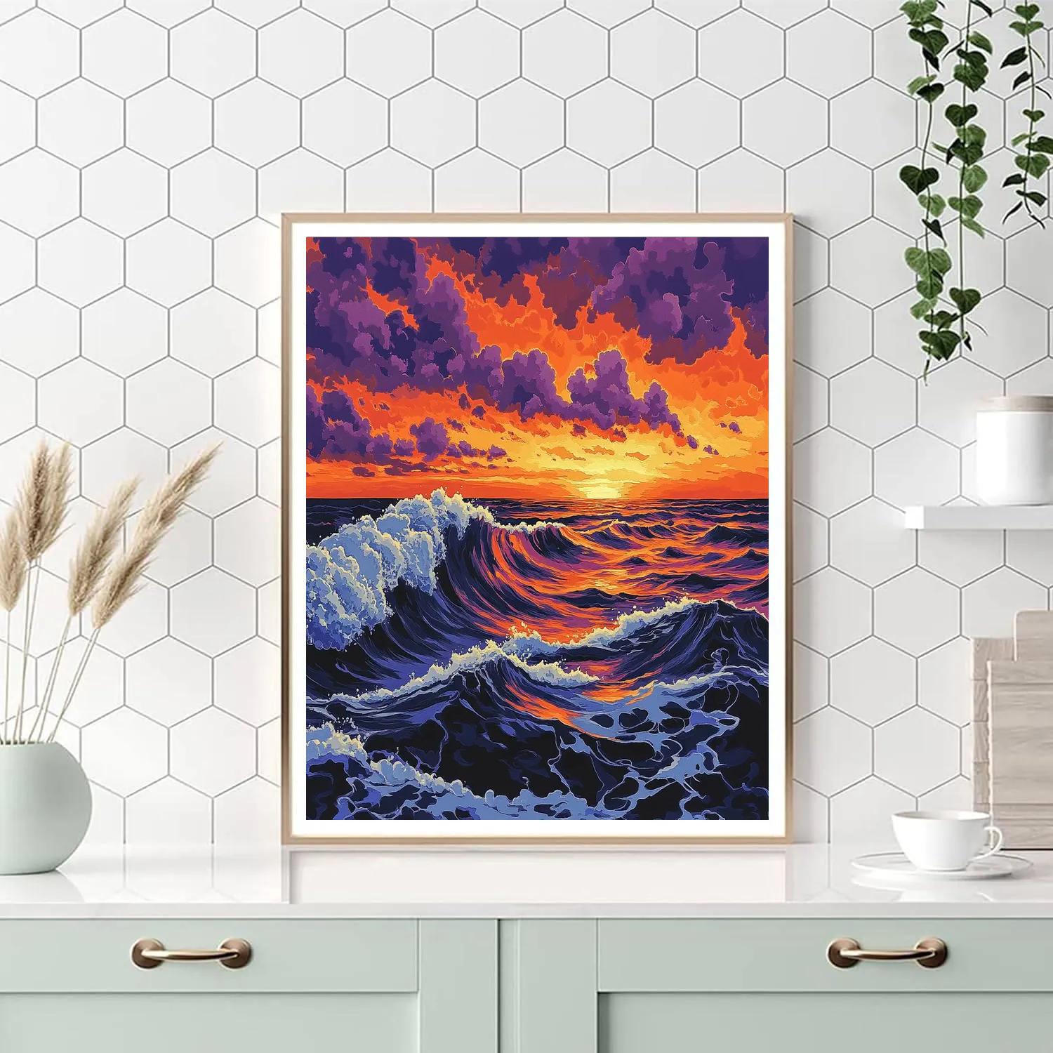Hokusai Inspired Ocean Waves At Sunset Paint by numbers art