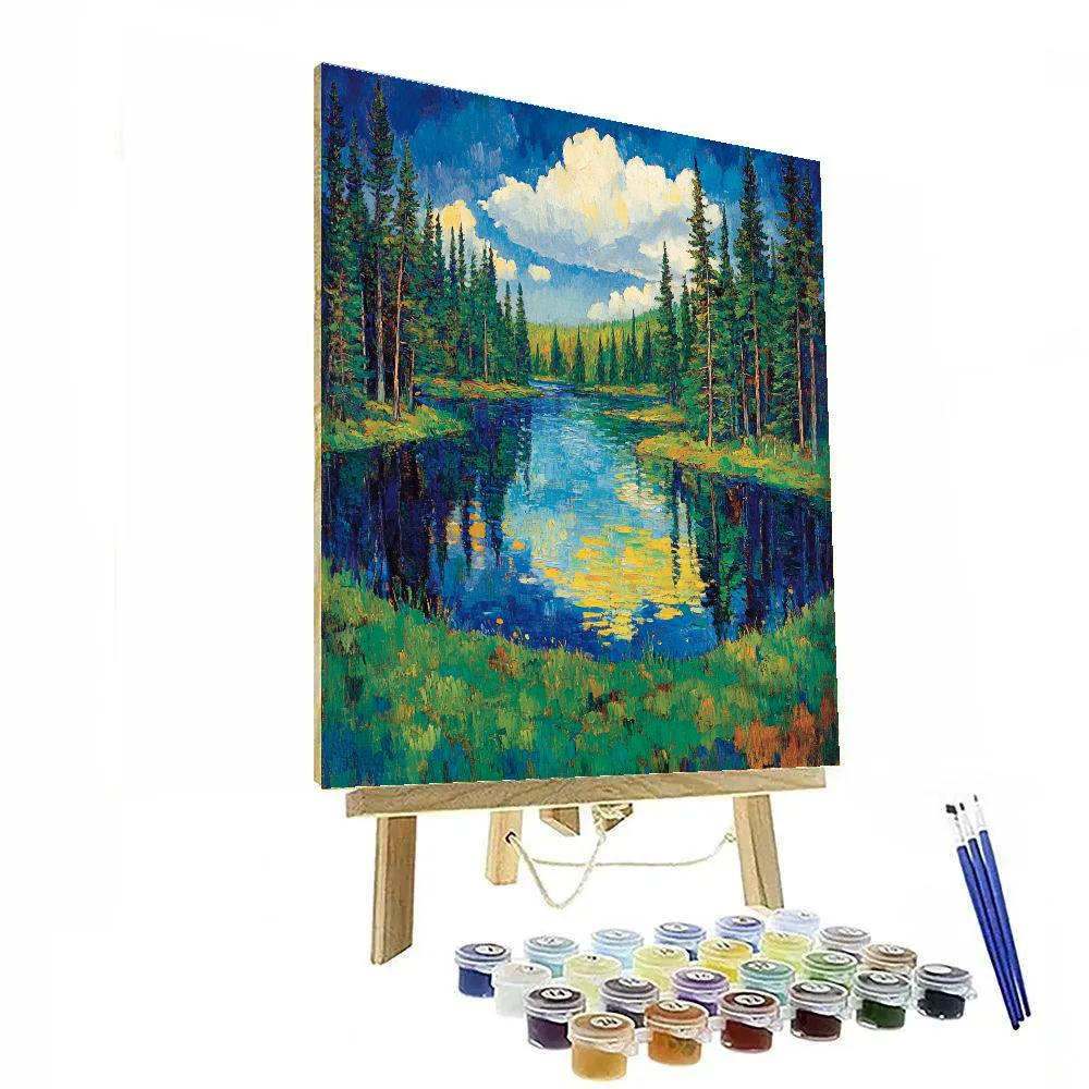 J E H MacDonald Inspired Shimmering Lake Framed By Pines DIY paint by numbers