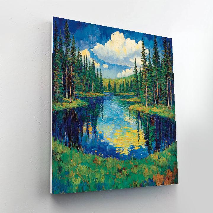 J E H MacDonald Inspired Shimmering Lake Framed By Pines DIY paint by numbers