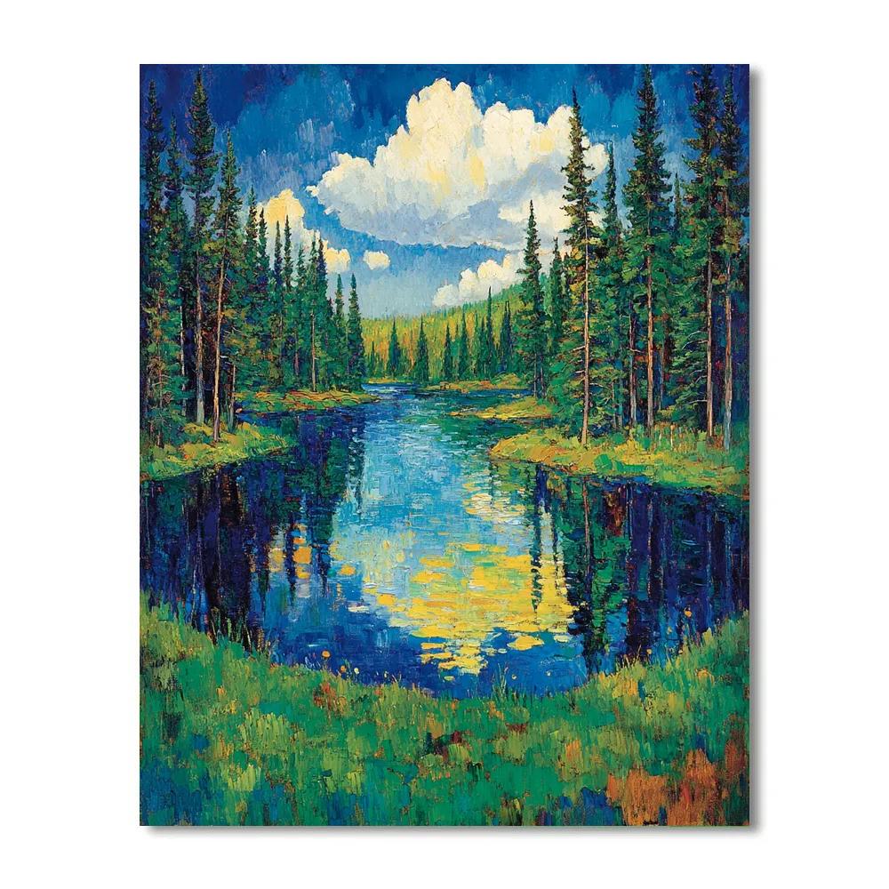 J E H MacDonald Inspired Shimmering Lake Framed By Pines DIY paint by numbers