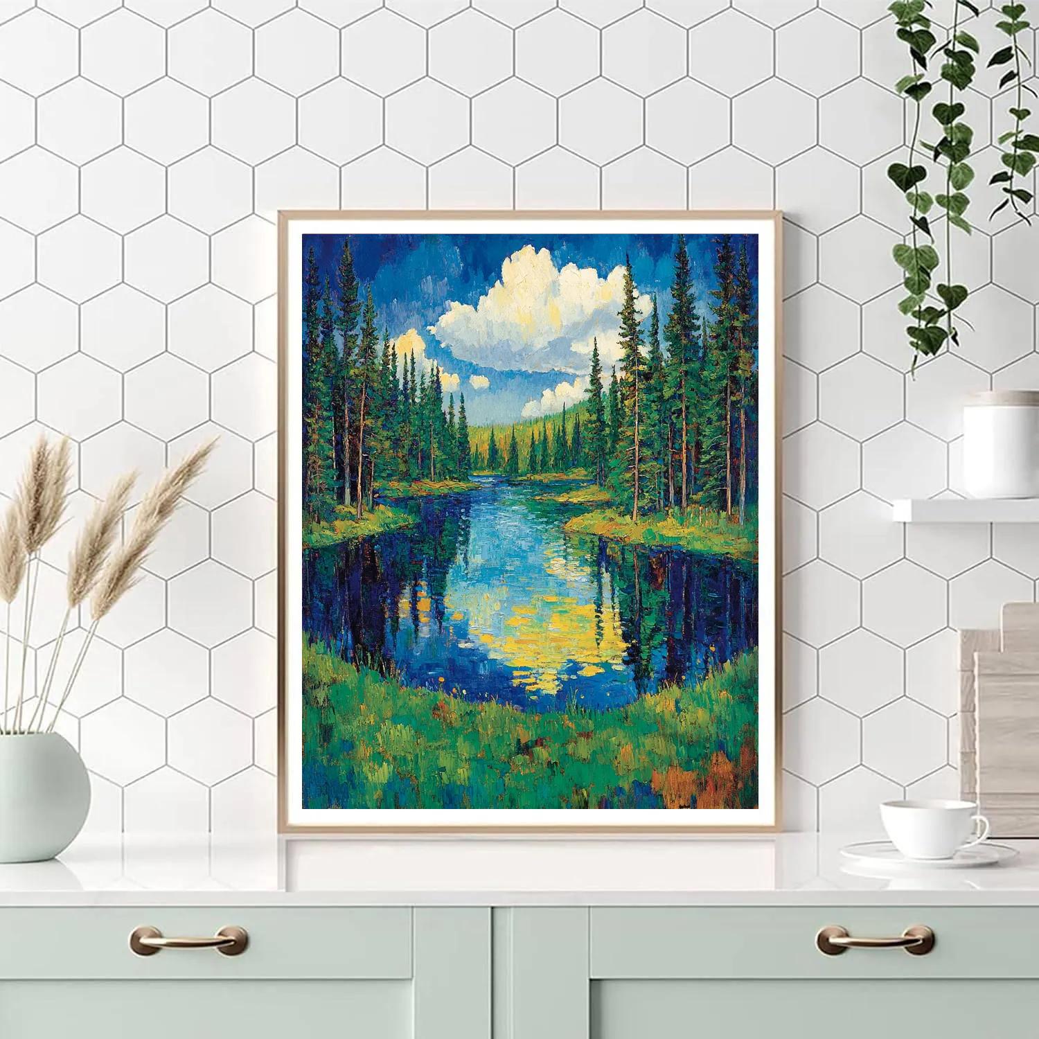 J E H MacDonald Inspired Shimmering Lake Framed By Pines DIY paint by numbers