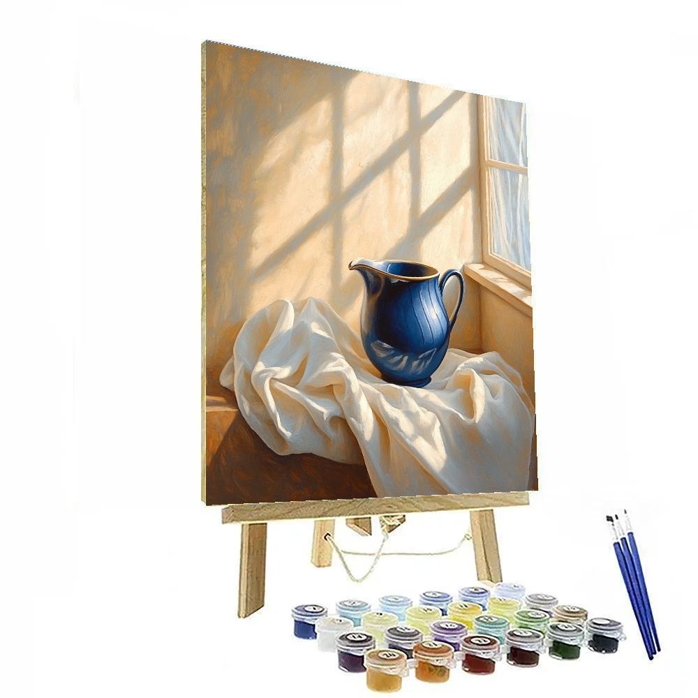 Johannes Vermeer Inspired Blue Ceramic Pitcher On Draped Linen paint by color
