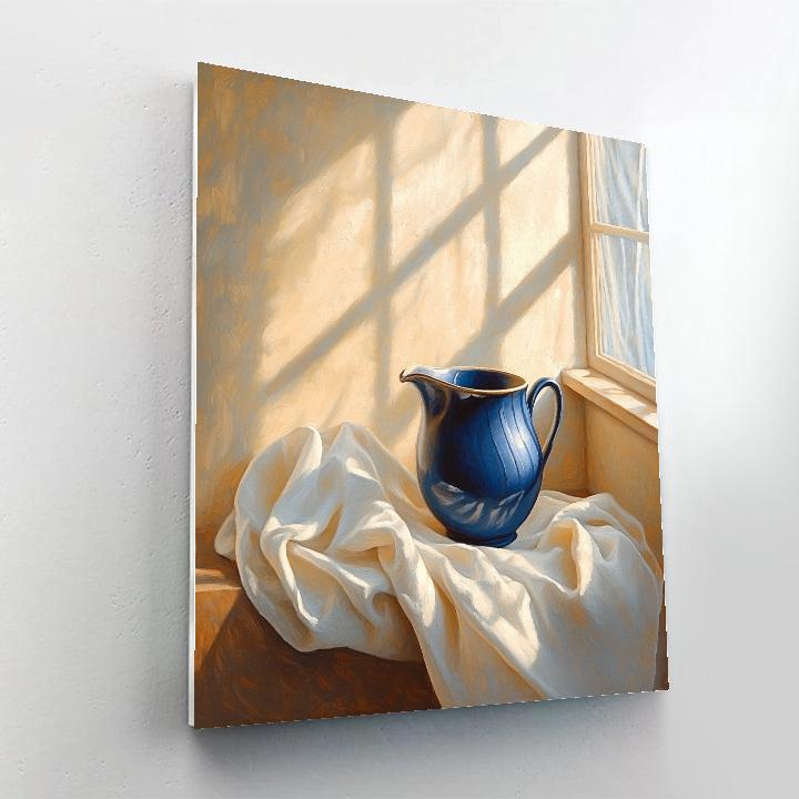 Johannes Vermeer Inspired Blue Ceramic Pitcher On Draped Linen paint by color