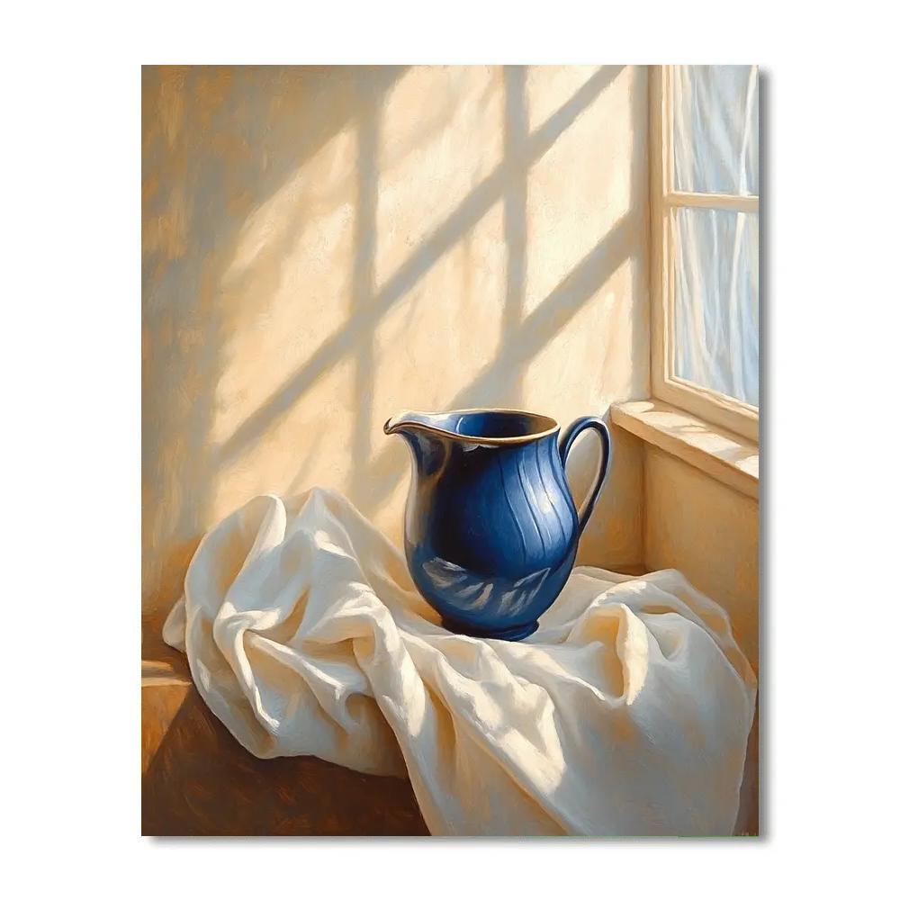 Johannes Vermeer Inspired Blue Ceramic Pitcher On Draped Linen paint by color