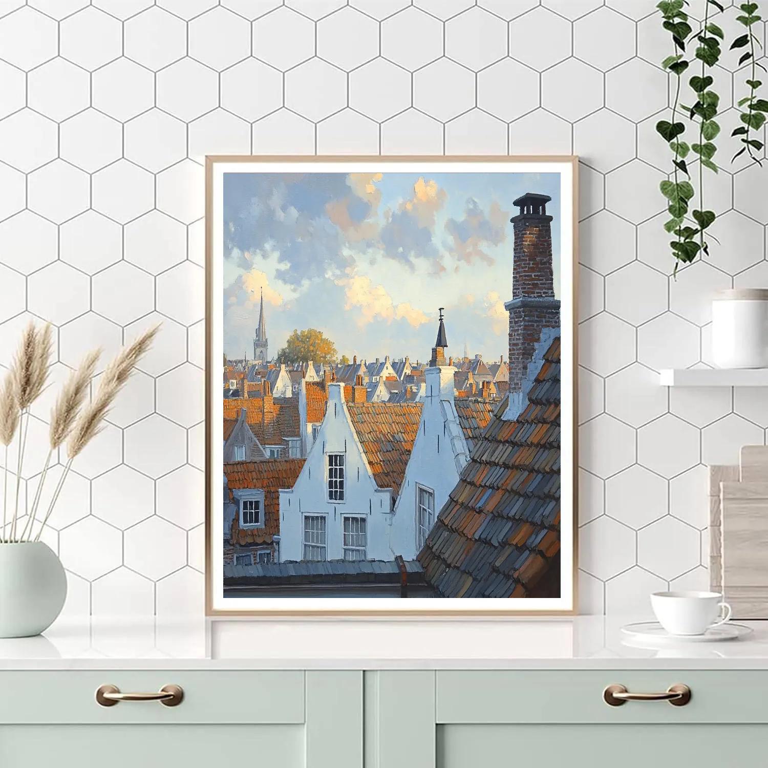 Johannes Vermeer Inspired Delft Rooftops Under Soft Morning Light Number painting