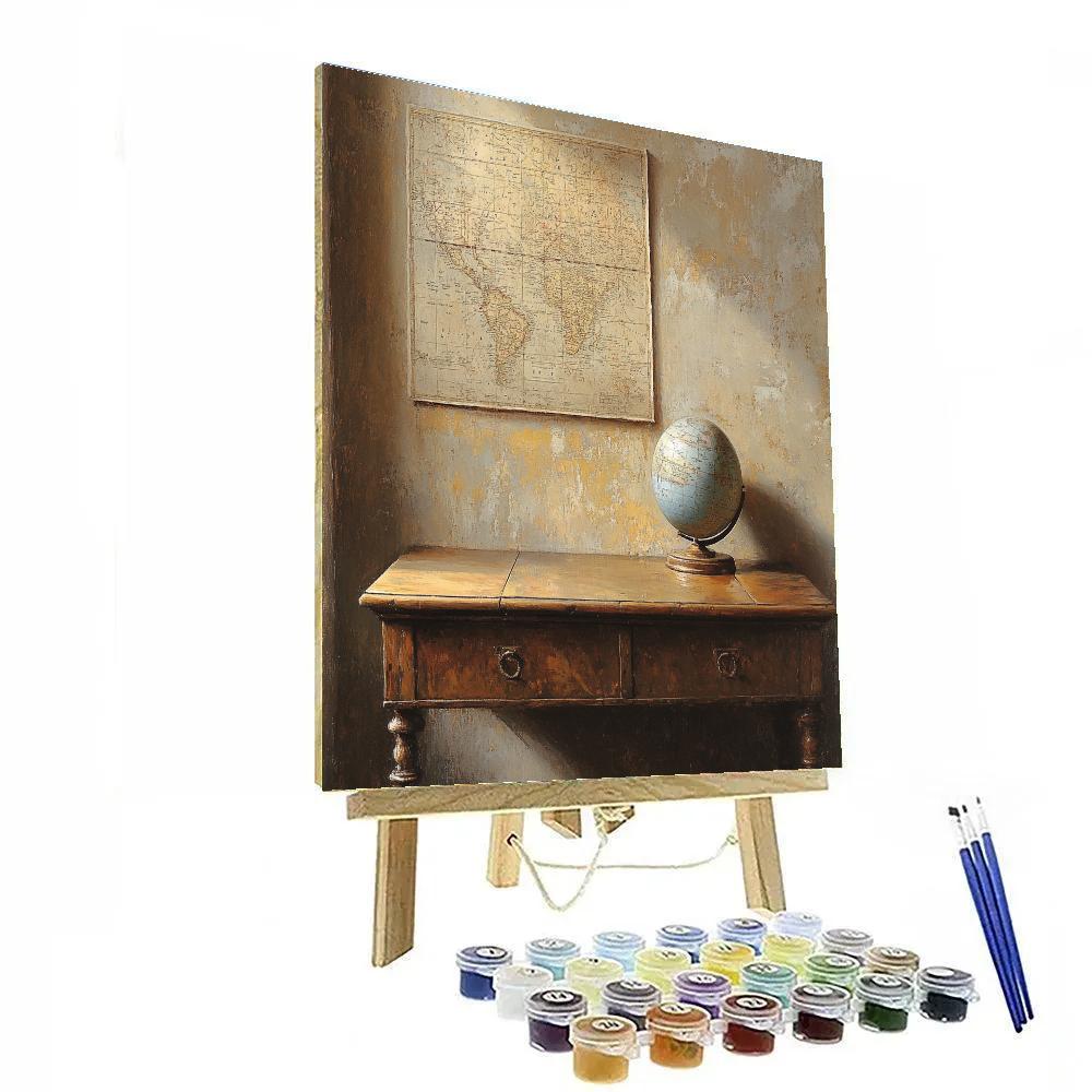 Johannes Vermeer Inspired Map And Globe On Quiet Wooden Desk painting number kit