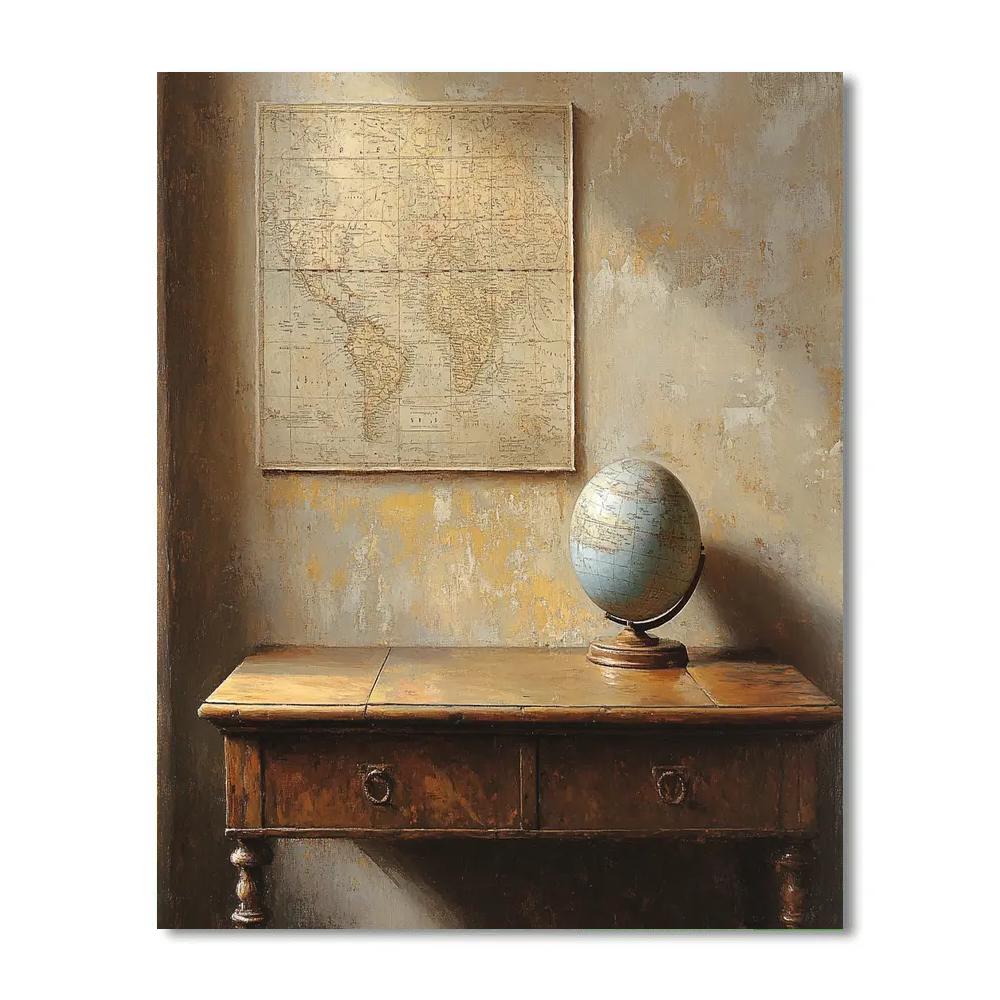 Johannes Vermeer Inspired Map And Globe On Quiet Wooden Desk painting number kit