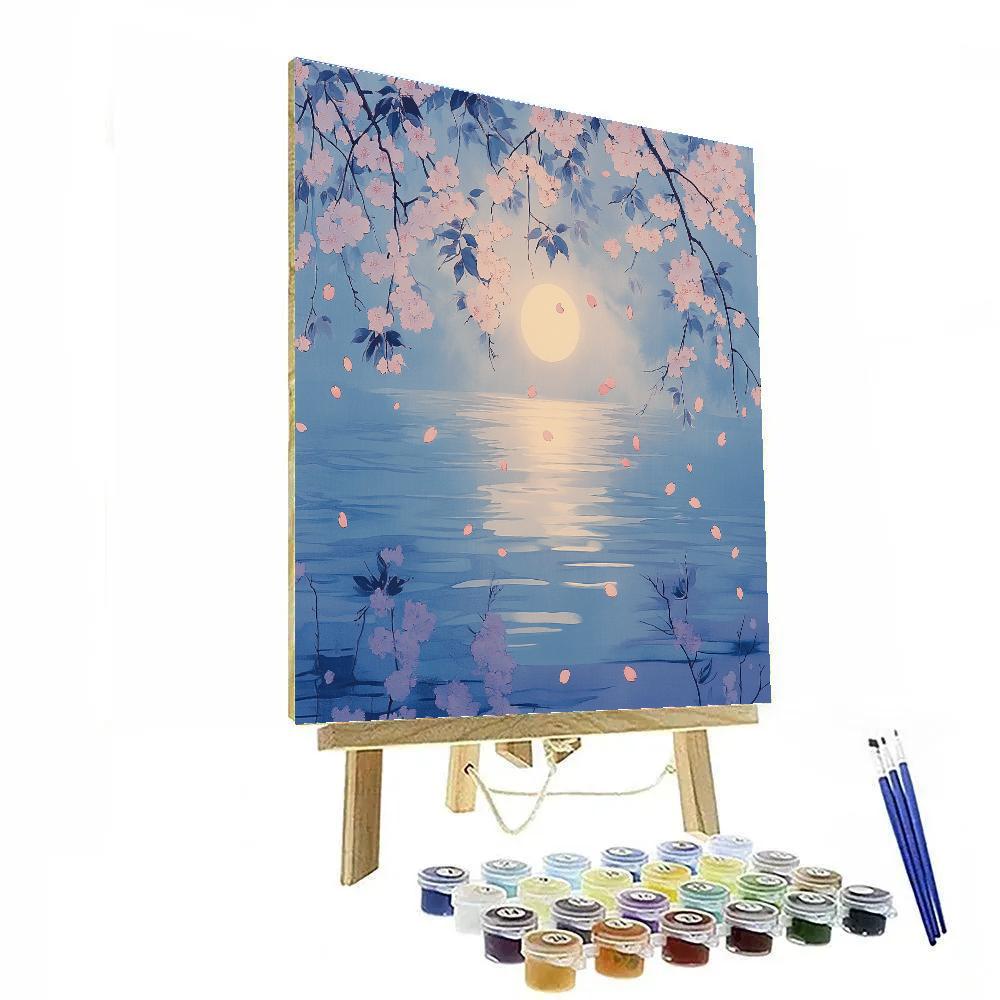 Hiroshige Inspired Moonlit Cherry Blossom Drift paint by numbers
