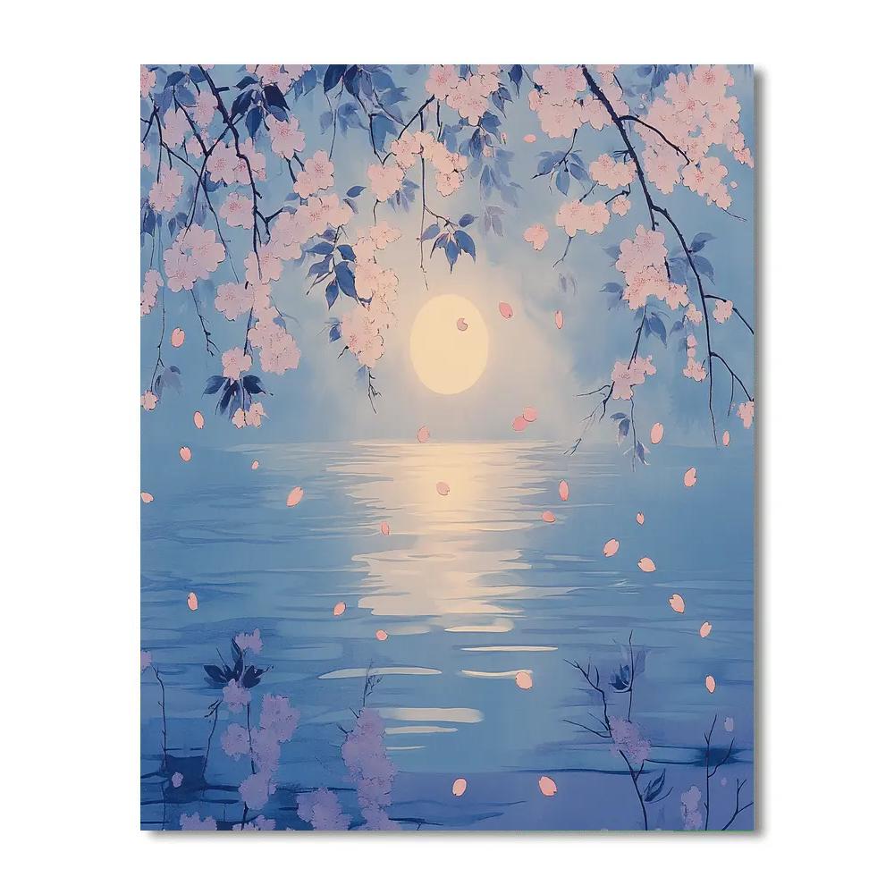 Hiroshige Inspired Moonlit Cherry Blossom Drift paint by numbers