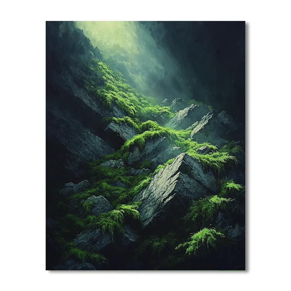 Caravaggio Inspired Shadowed Stone And Moss paint by color