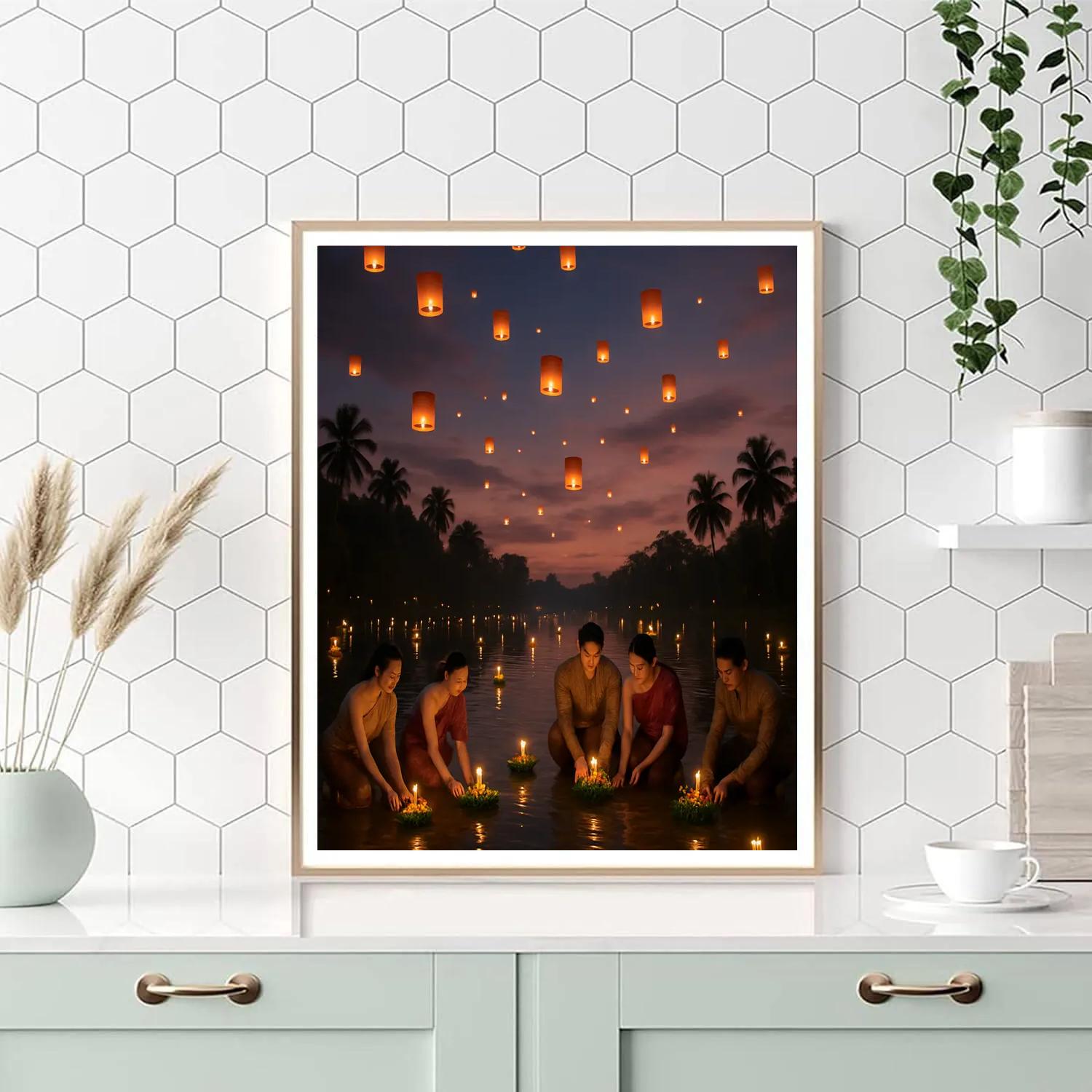 Loy Krathong Lantern Festival By The River In Thailand Paint by numbers art