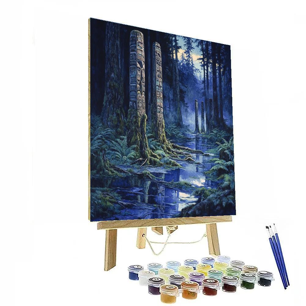 Emily Carr Inspired Totem Poles Embraced By Rainforest Growth Numbered painting kits