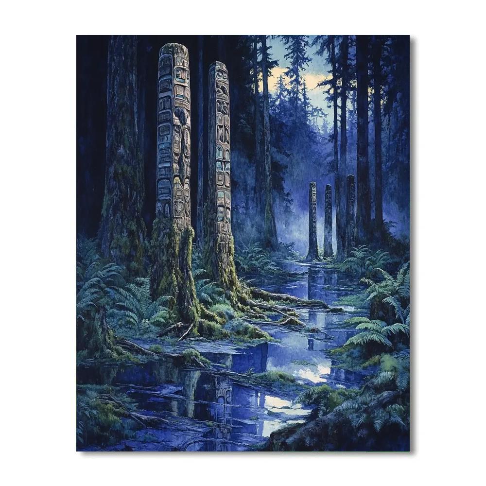 Emily Carr Inspired Totem Poles Embraced By Rainforest Growth Numbered painting kits