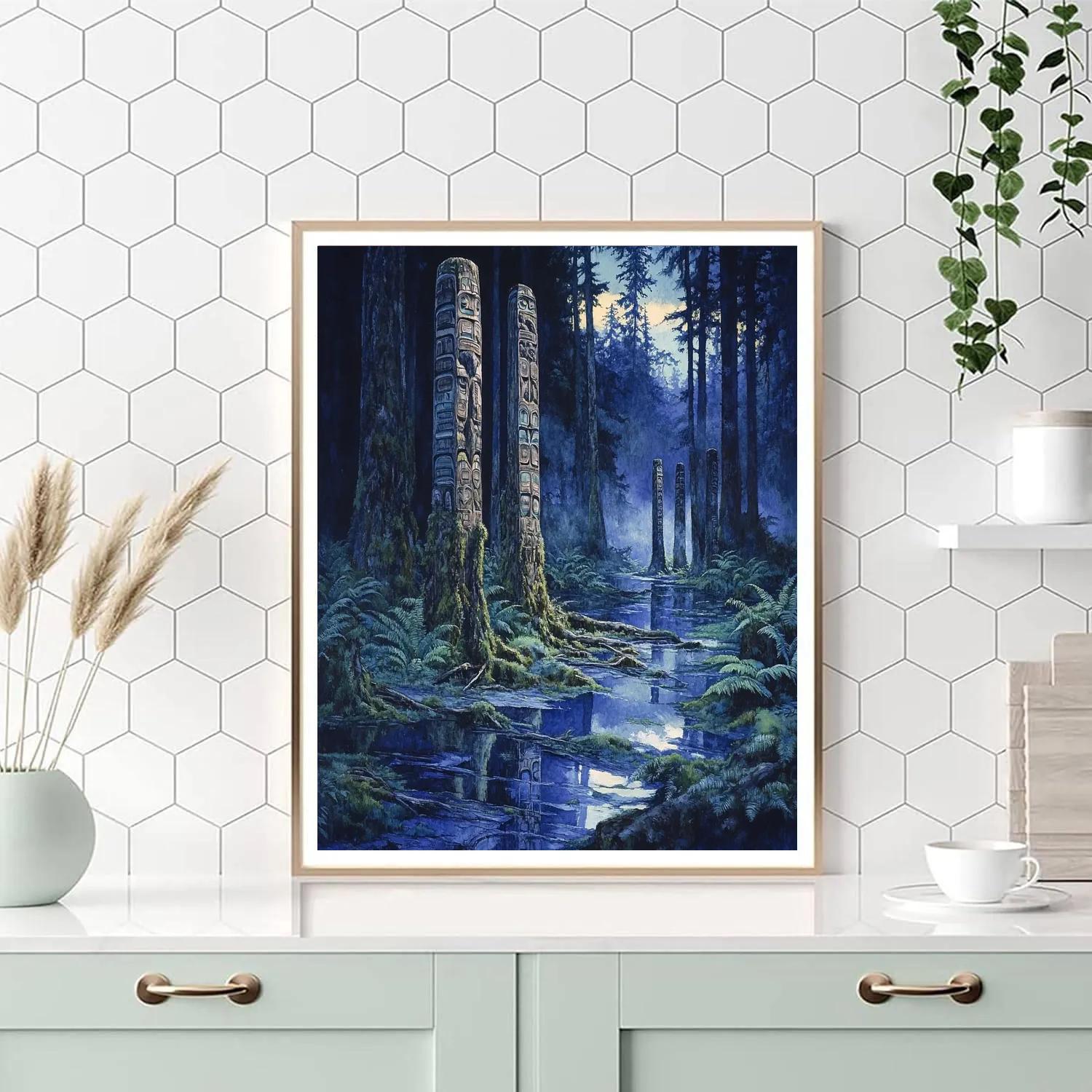 Emily Carr Inspired Totem Poles Embraced By Rainforest Growth Numbered painting kits