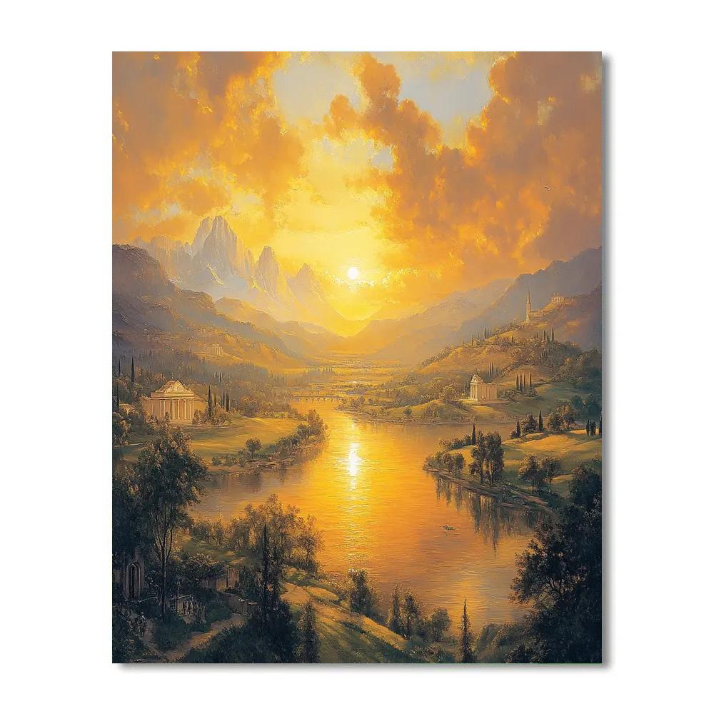 Claude Lorrain Inspired Golden Sunset Landscape Paint by numbers art