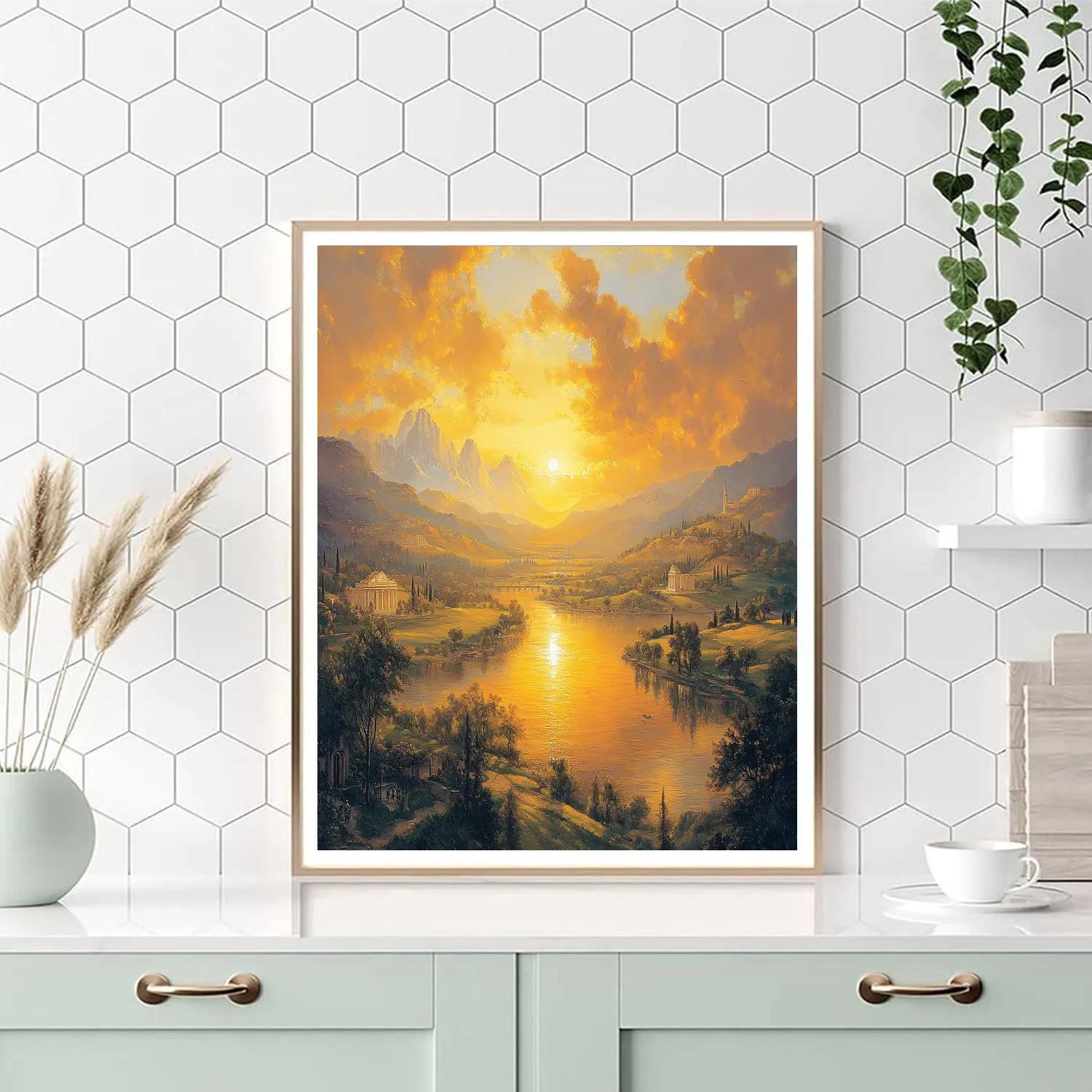 Claude Lorrain Inspired Golden Sunset Landscape Paint by numbers art