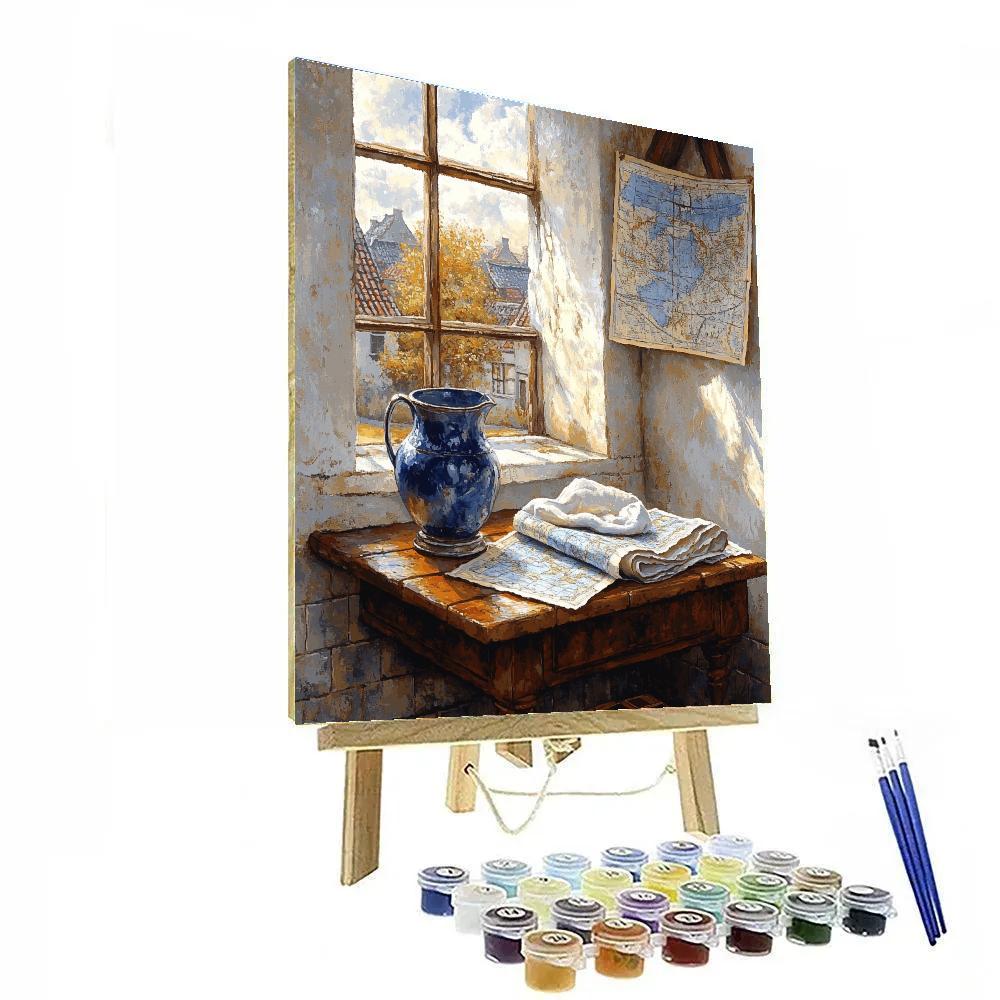 Johannes Vermeer Inspired Sunlit Window With Map And Jug Number painting