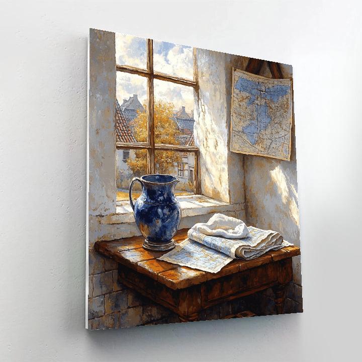 Johannes Vermeer Inspired Sunlit Window With Map And Jug Number painting