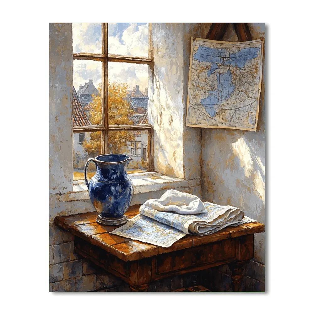 Johannes Vermeer Inspired Sunlit Window With Map And Jug Number painting
