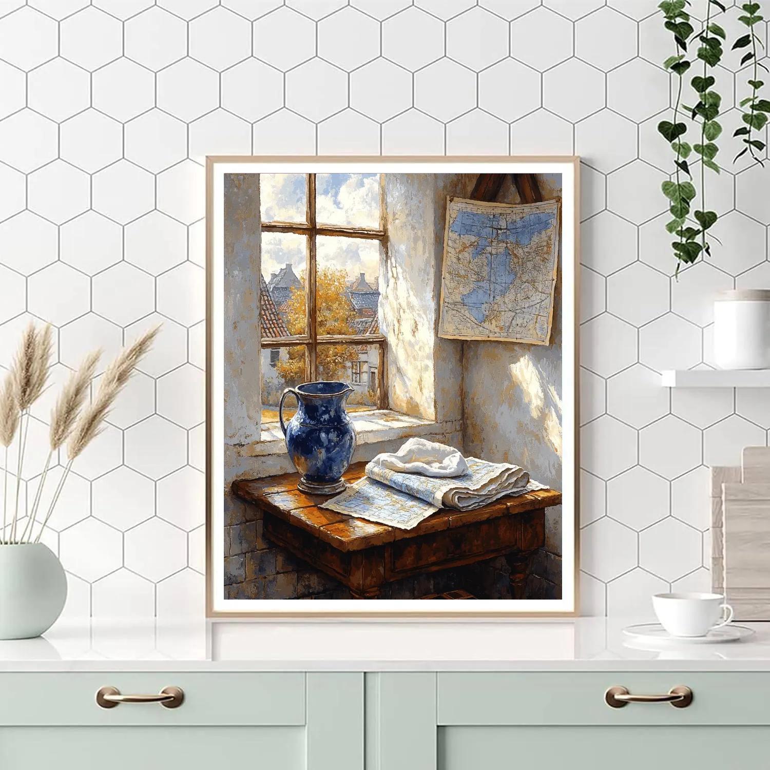 Johannes Vermeer Inspired Sunlit Window With Map And Jug Number painting