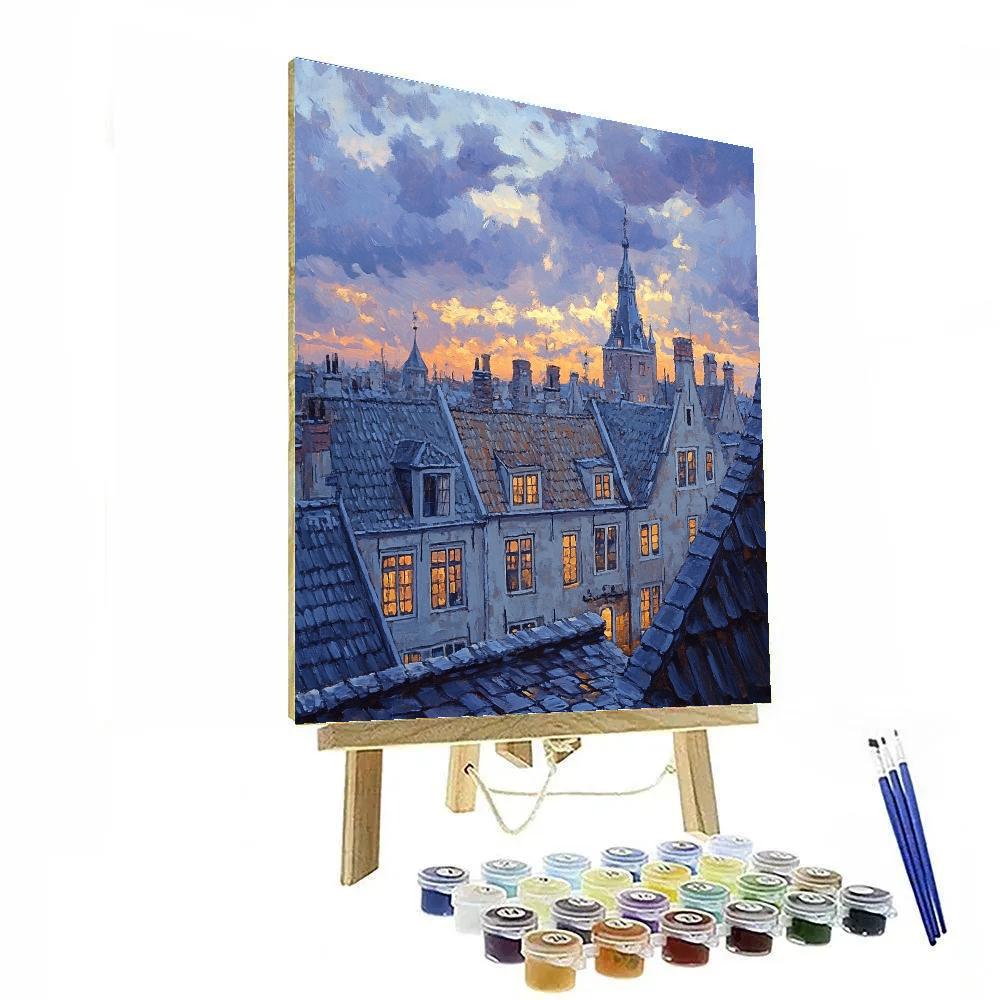Johannes Vermeer Inspired Delft Rooftops Under Evening Sky paint by color