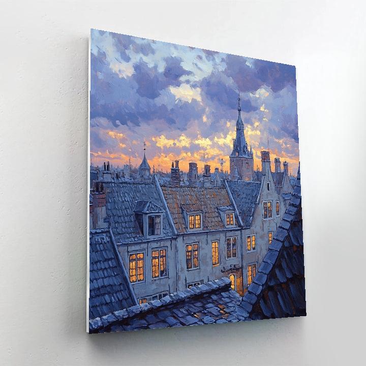 Johannes Vermeer Inspired Delft Rooftops Under Evening Sky paint by color