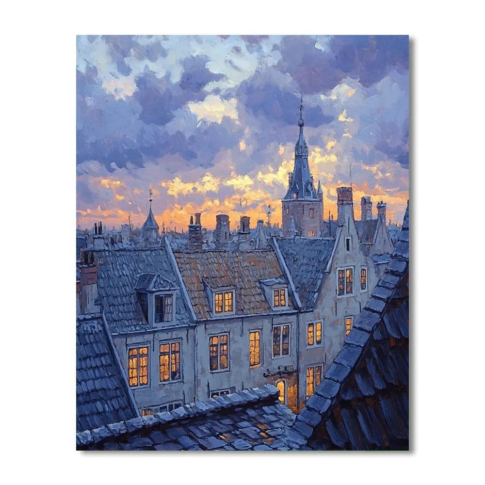Johannes Vermeer Inspired Delft Rooftops Under Evening Sky paint by color