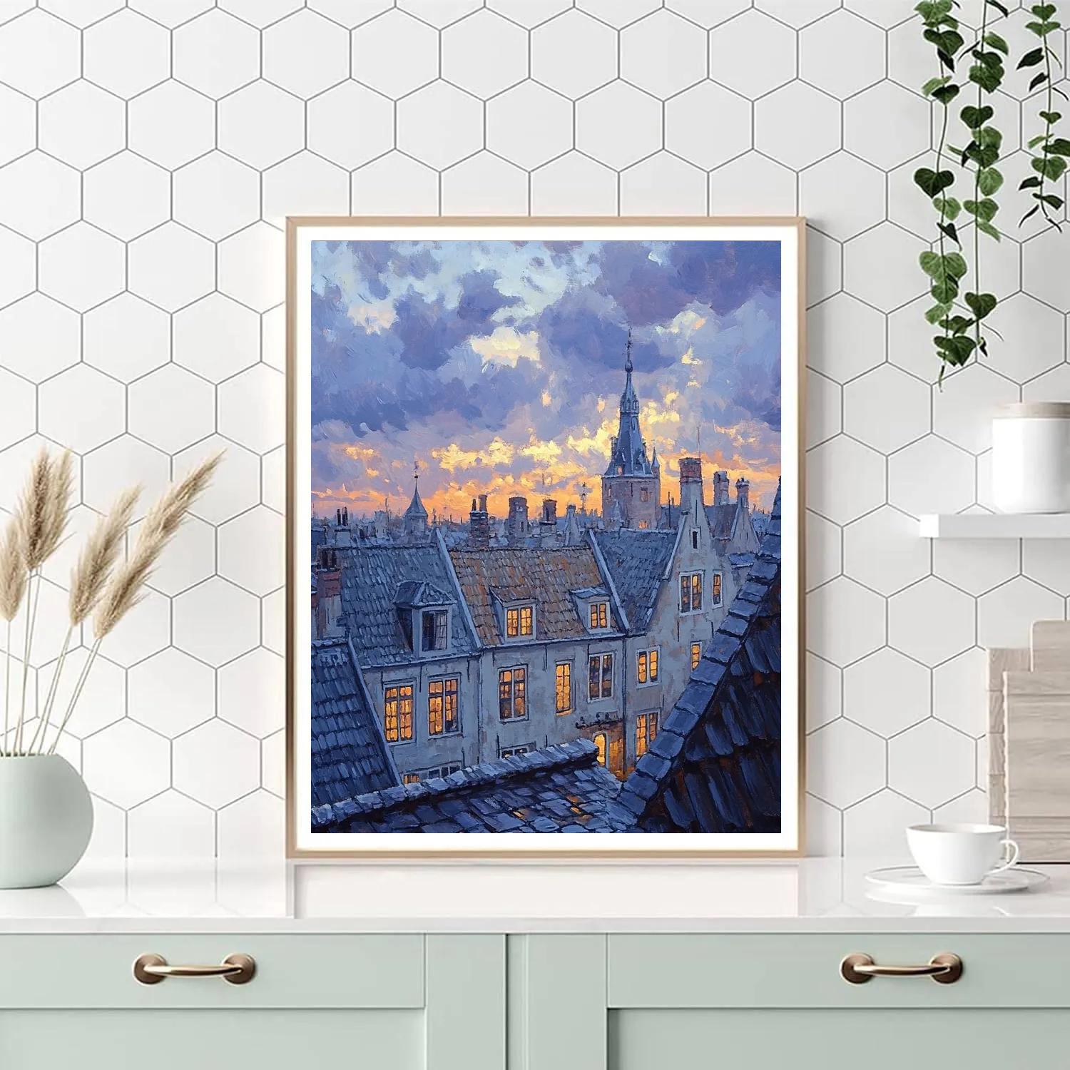 Johannes Vermeer Inspired Delft Rooftops Under Evening Sky paint by color