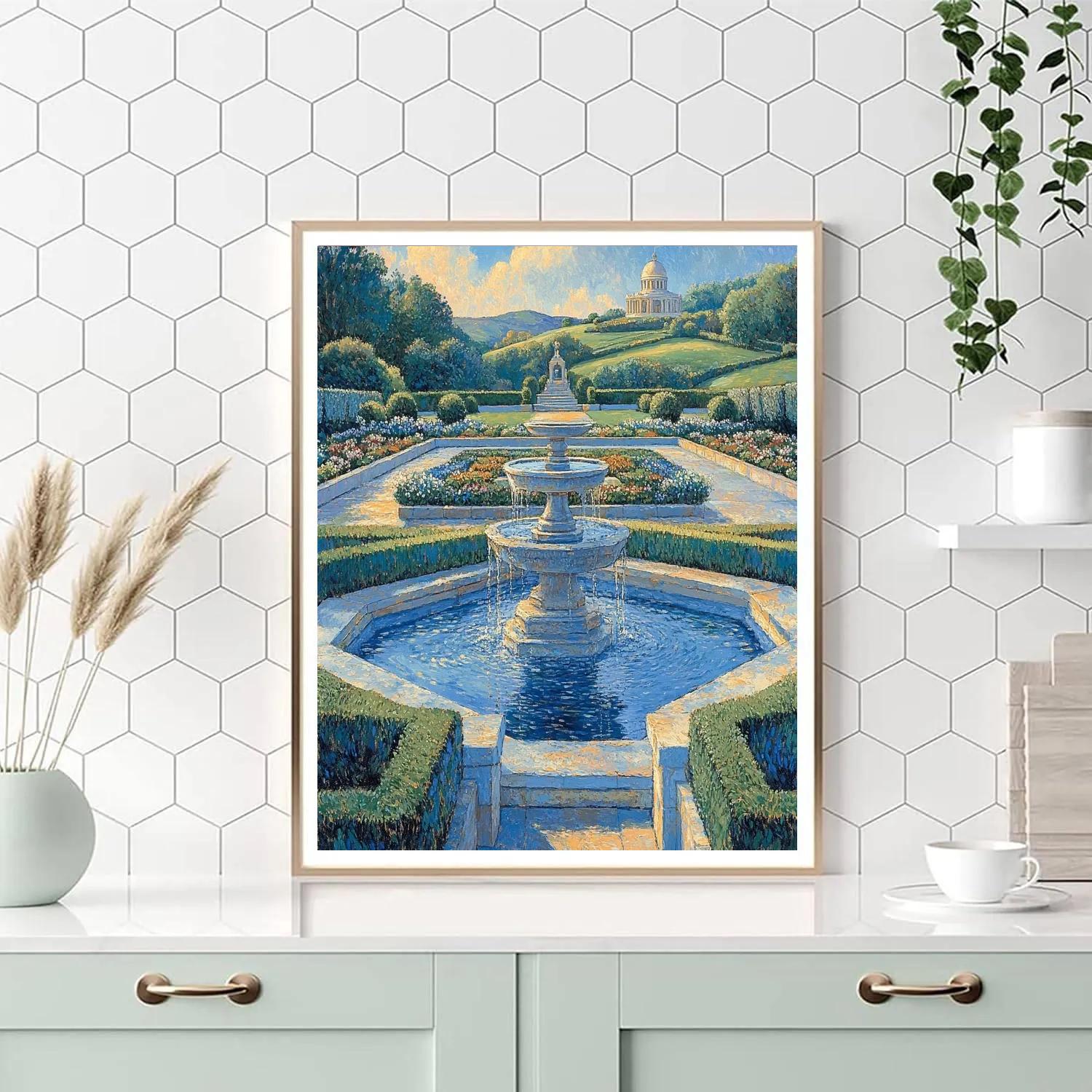 Raphael Inspired Tranquil Renaissance Garden With Classical Fountain paint by number