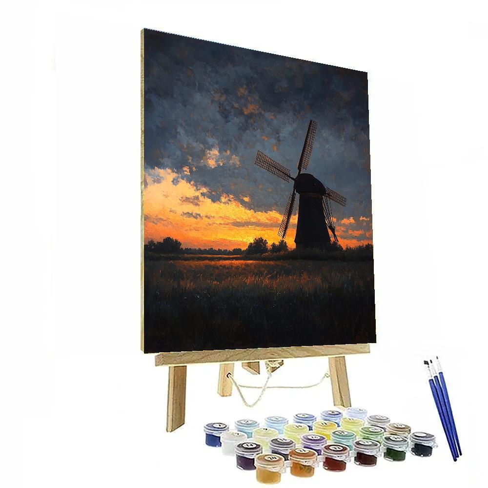 Rembrandt Inspired Silhouetted Windmill At Dusk Number painting
