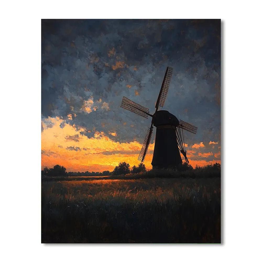 Rembrandt Inspired Silhouetted Windmill At Dusk Number painting