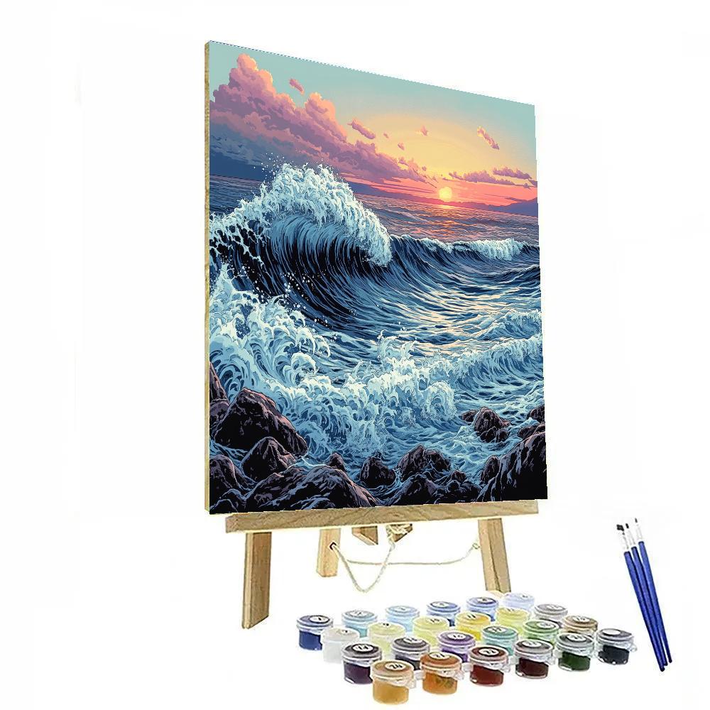 Hokusai Inspired Ocean Wave At Sunrise painting number kit