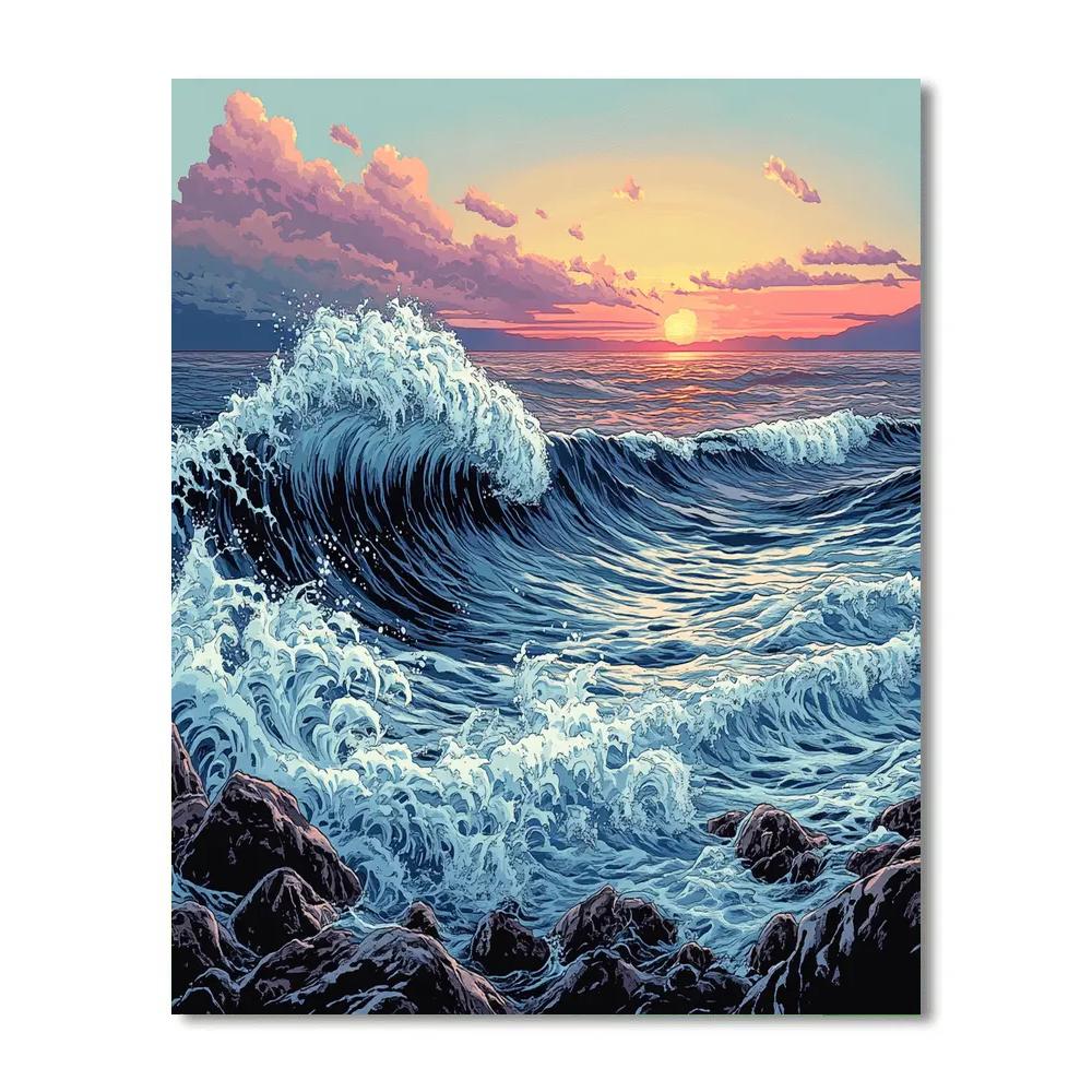 Hokusai Inspired Ocean Wave At Sunrise painting number kit