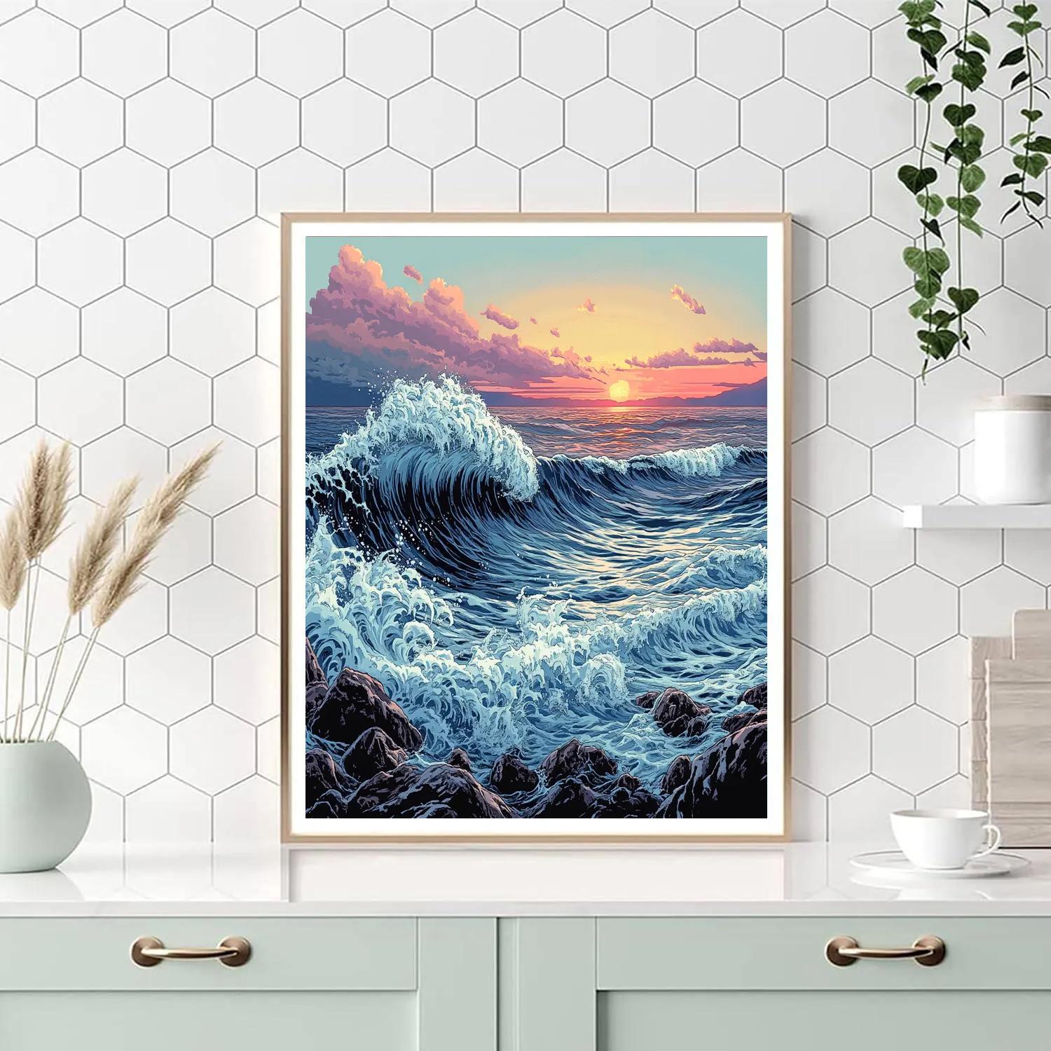 Hokusai Inspired Ocean Wave At Sunrise painting number kit