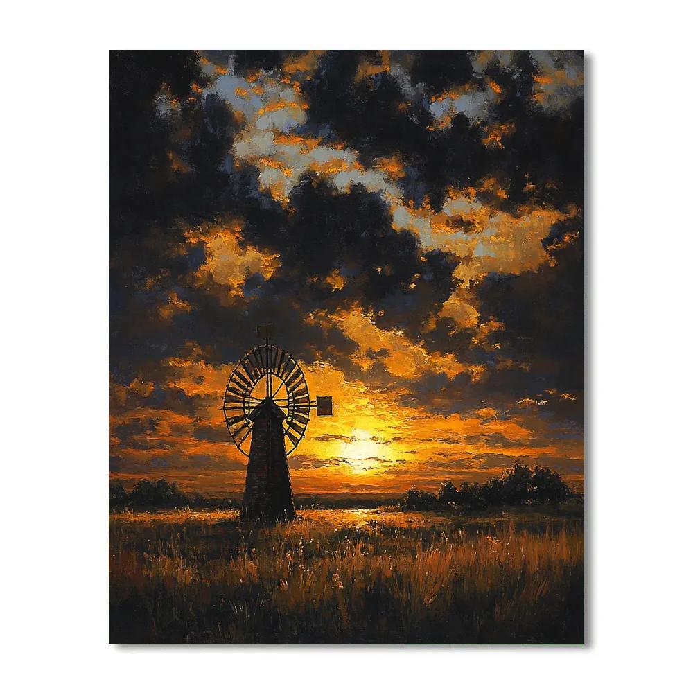 Rembrandt Inspired Windmill Silhouette At Amber Horizon paint by numbers