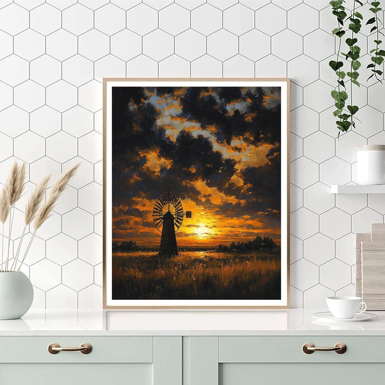 Rembrandt Inspired Windmill Silhouette At Amber Horizon paint by numbers