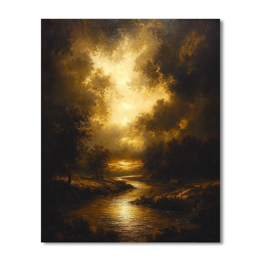 Rembrandt Inspired Twilight River Bend With Golden Light paint by color