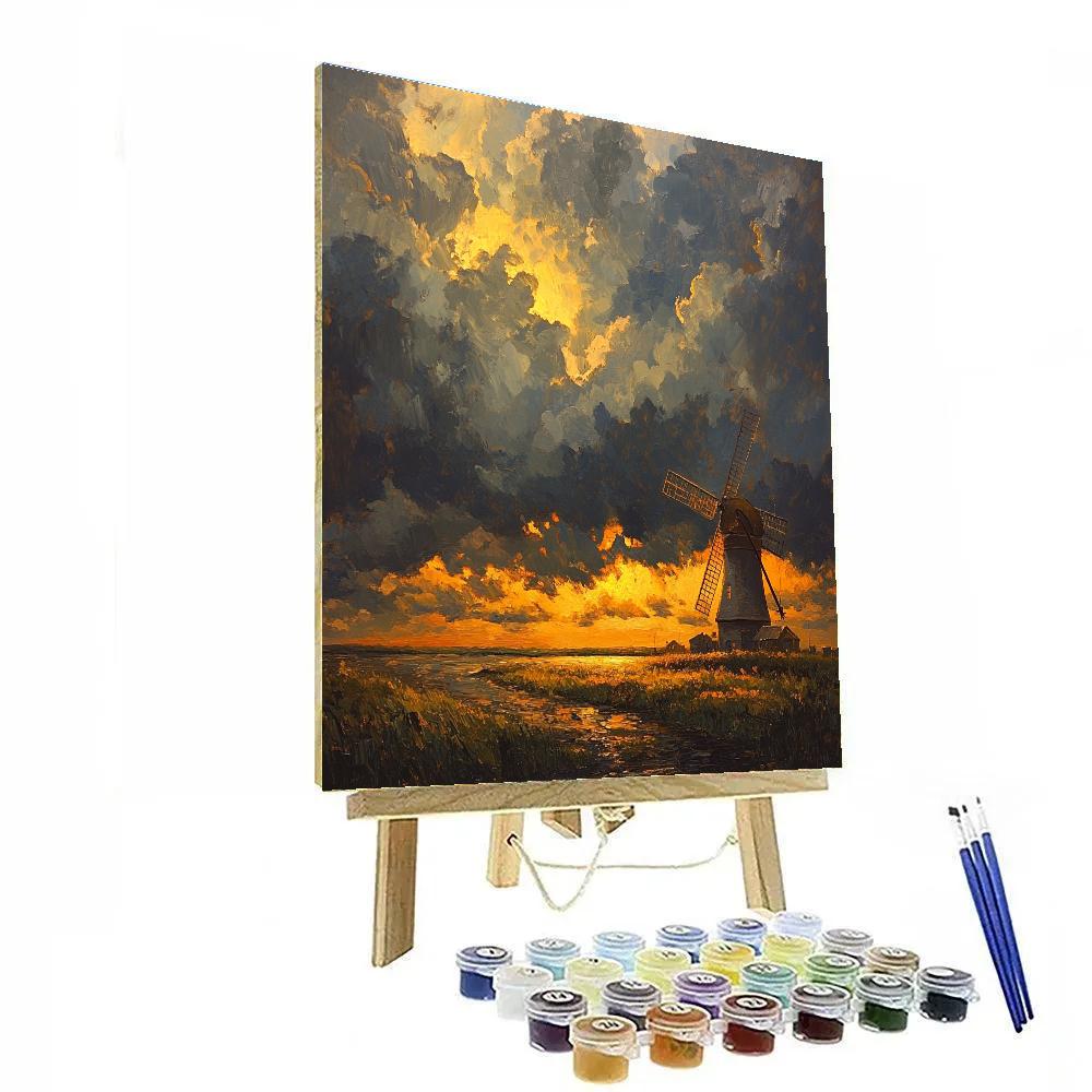 Rembrandt Inspired Windmill Silhouetted Against Luminous Horizon Numbered painting kits
