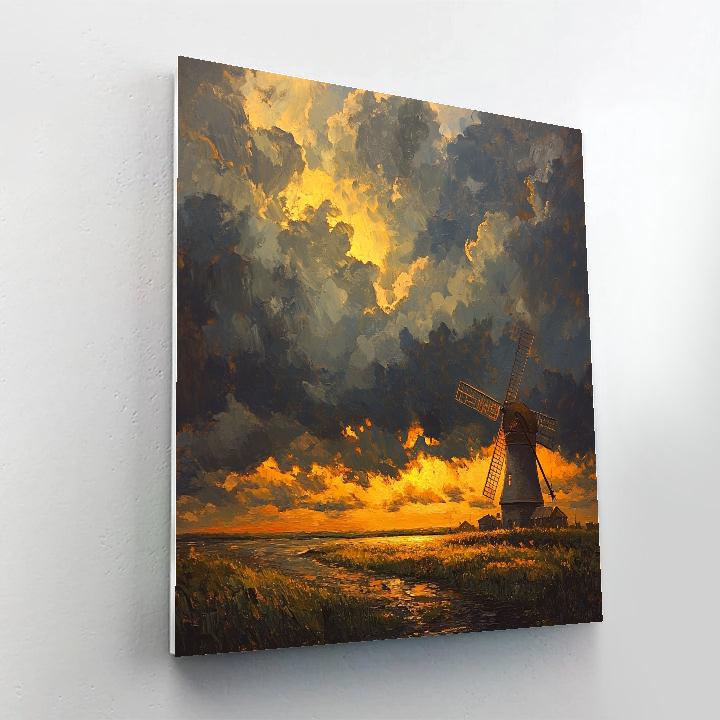 Rembrandt Inspired Windmill Silhouetted Against Luminous Horizon Numbered painting kits