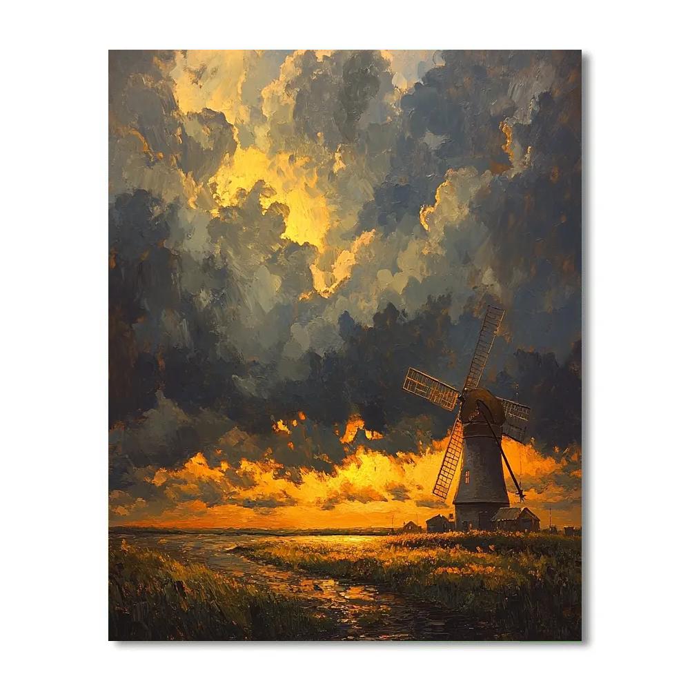 Rembrandt Inspired Windmill Silhouetted Against Luminous Horizon Numbered painting kits