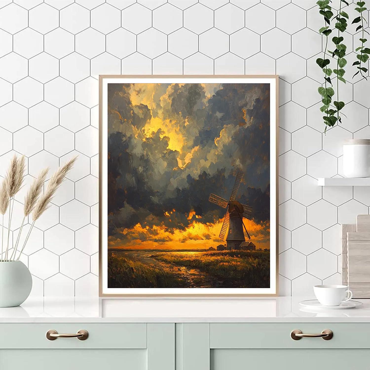 Rembrandt Inspired Windmill Silhouetted Against Luminous Horizon Numbered painting kits
