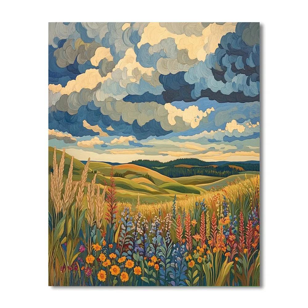 J. E. H. MacDonald Inspired Autumnal Meadow With Layered Cloudscape DIY paint by numbers