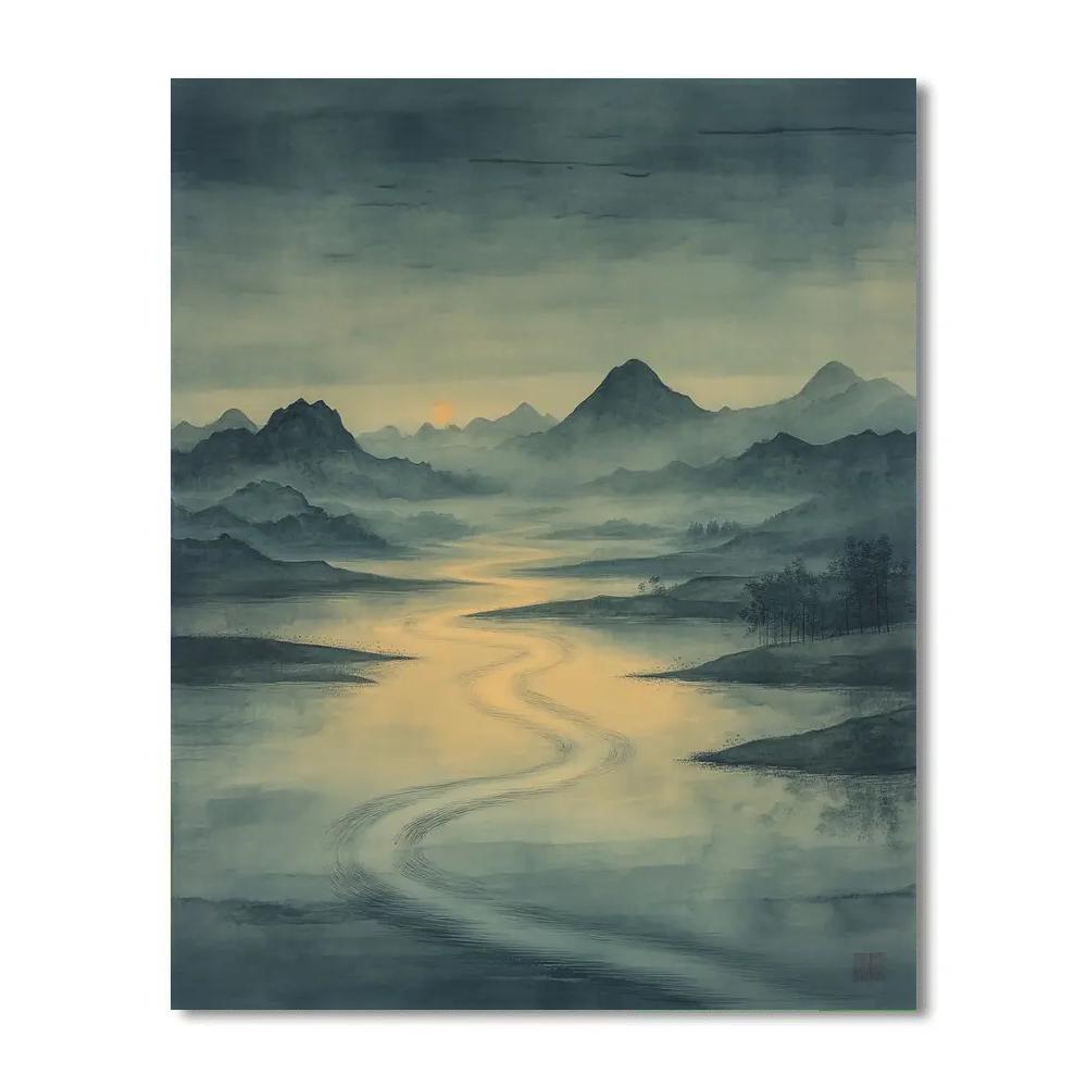 Zhao Mengfu Inspired Moonlit River Mist paint by number
