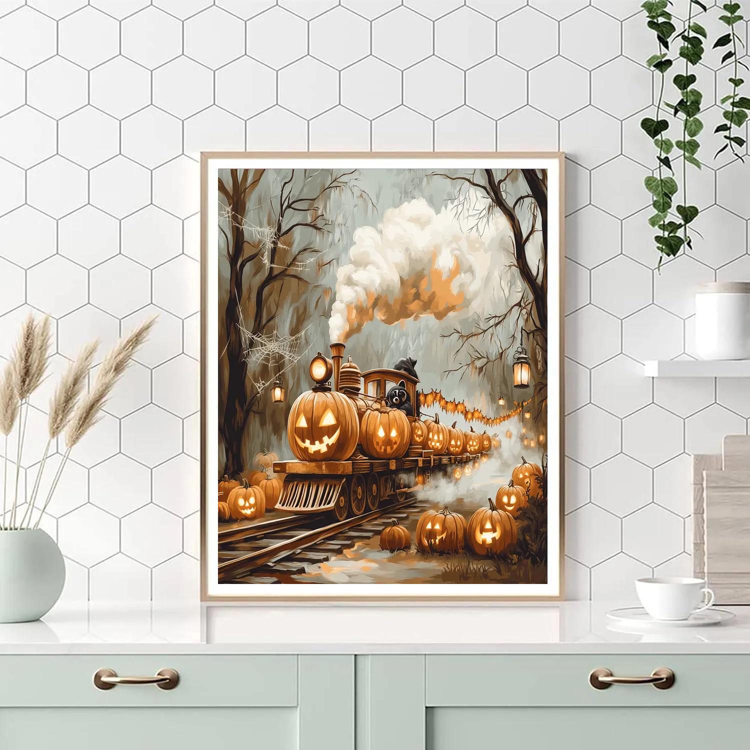 Pumpkin Lantern Train Through Fog Painting by numbers kit