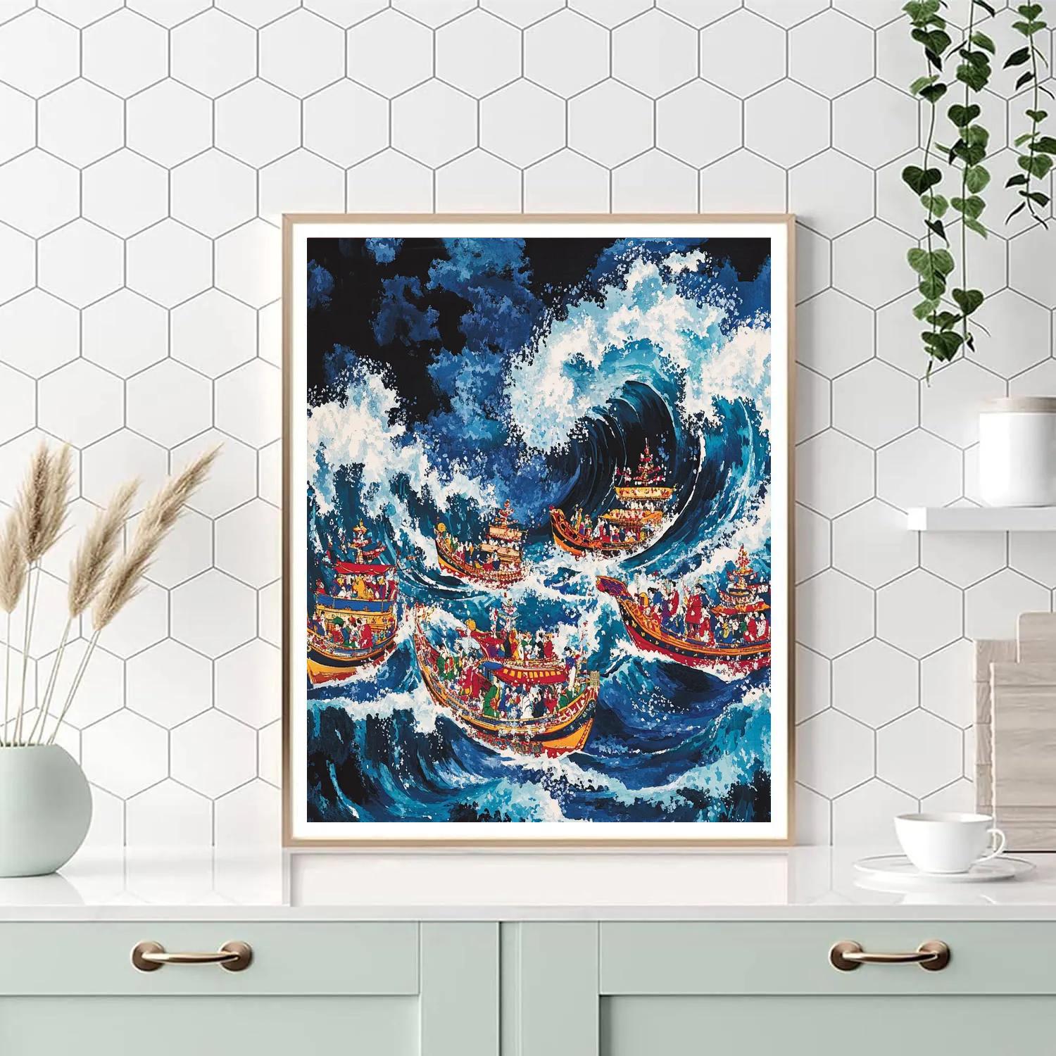 Hokusai Inspired Ocean Wave Festival painting number kit